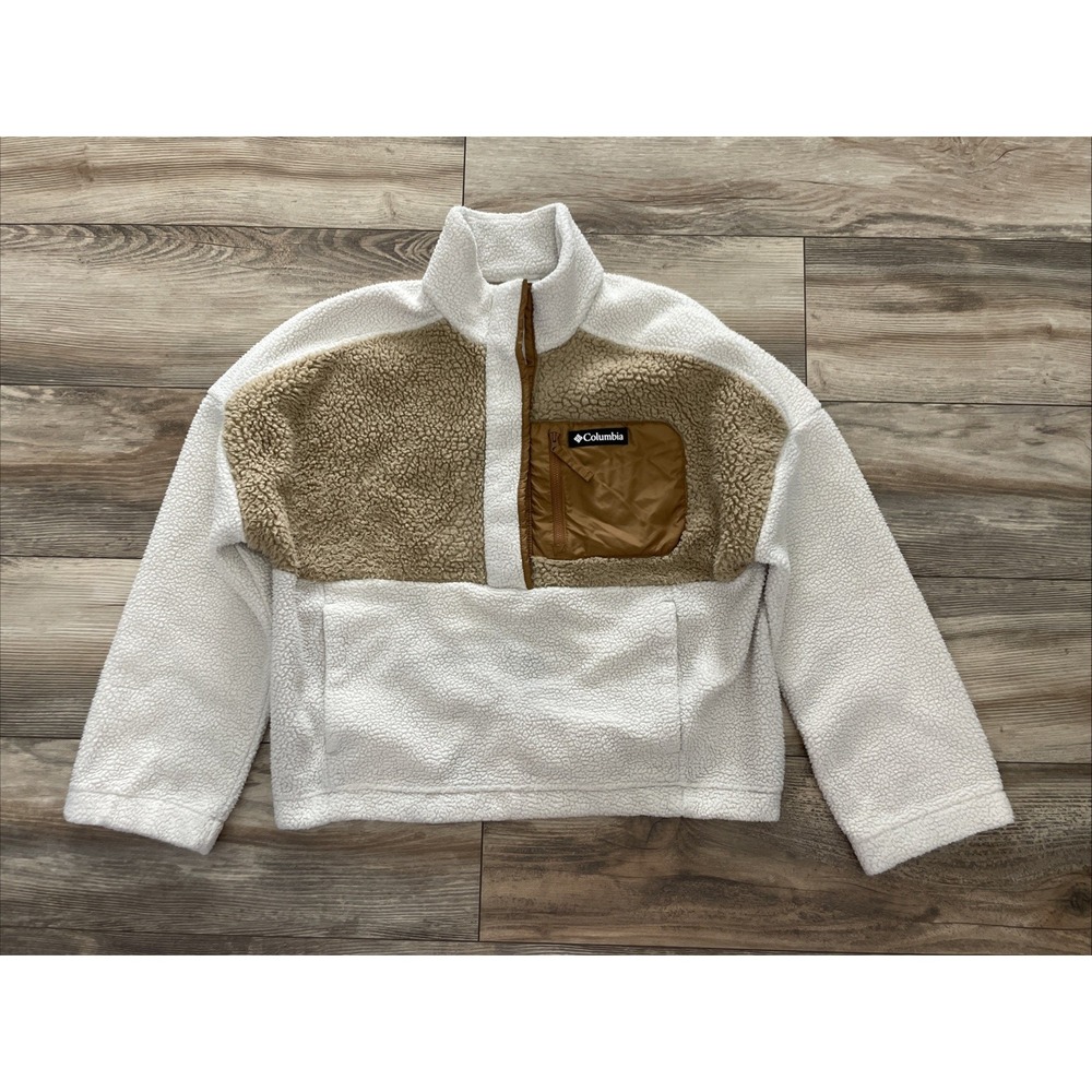 Columbia Lodge Sherpa Sweater Womens Large Ivory Brown Half Snap Fleece
